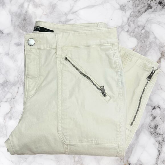 LAUREN RALPH LAUREN Ivory Ankle Zip Cropped Pants Slim Fit Mid Rise Biker - Picture 1 of 11
